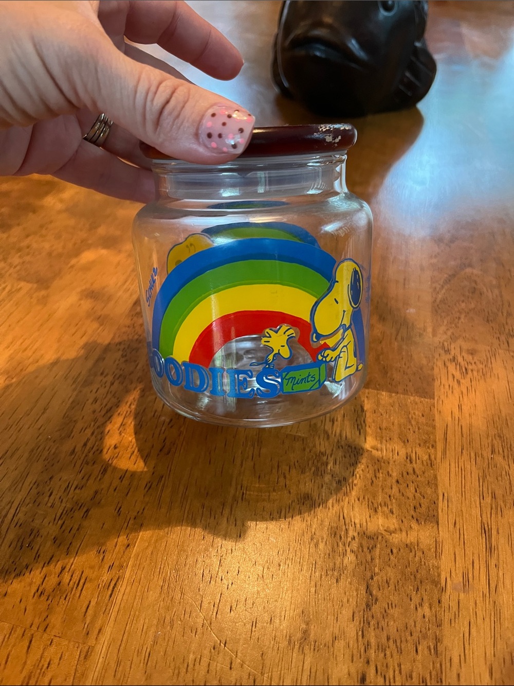 Snoopy & Woodstock Rainbow Goodies Glass Jar 1965